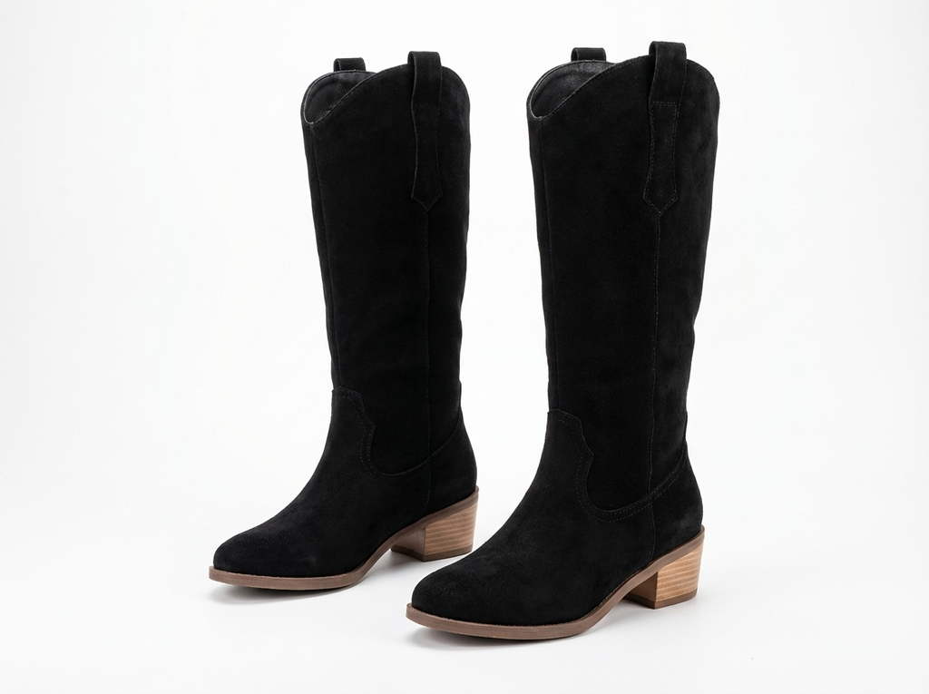 Santiag haute noir Daim Femme - Talon carré bois, style western