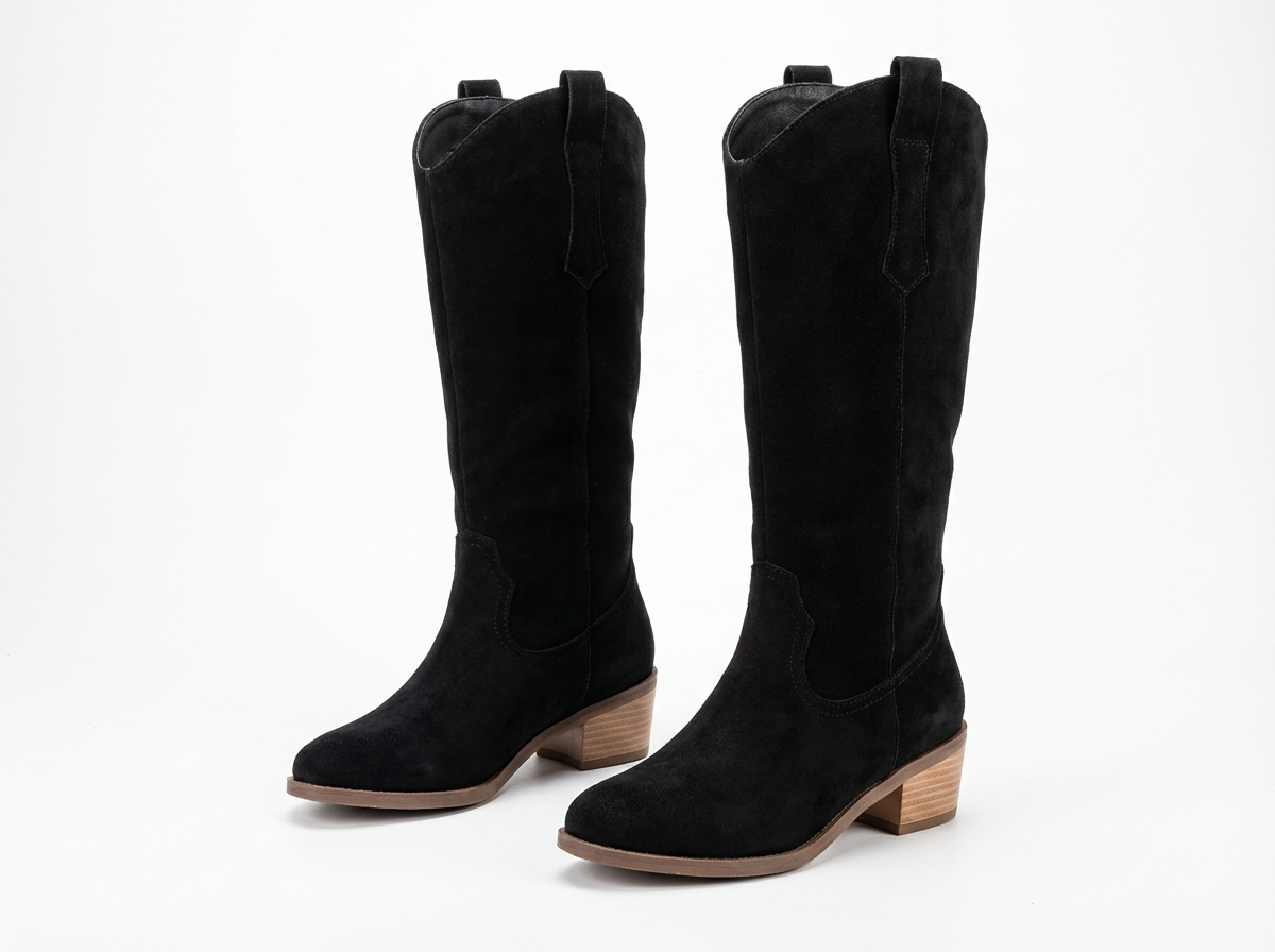 Santiag haute noir Daim Femme - Talon carré bois, style western