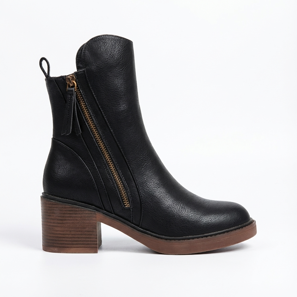 Bottine à talon noir Simili Cuir Femme - Zip doré