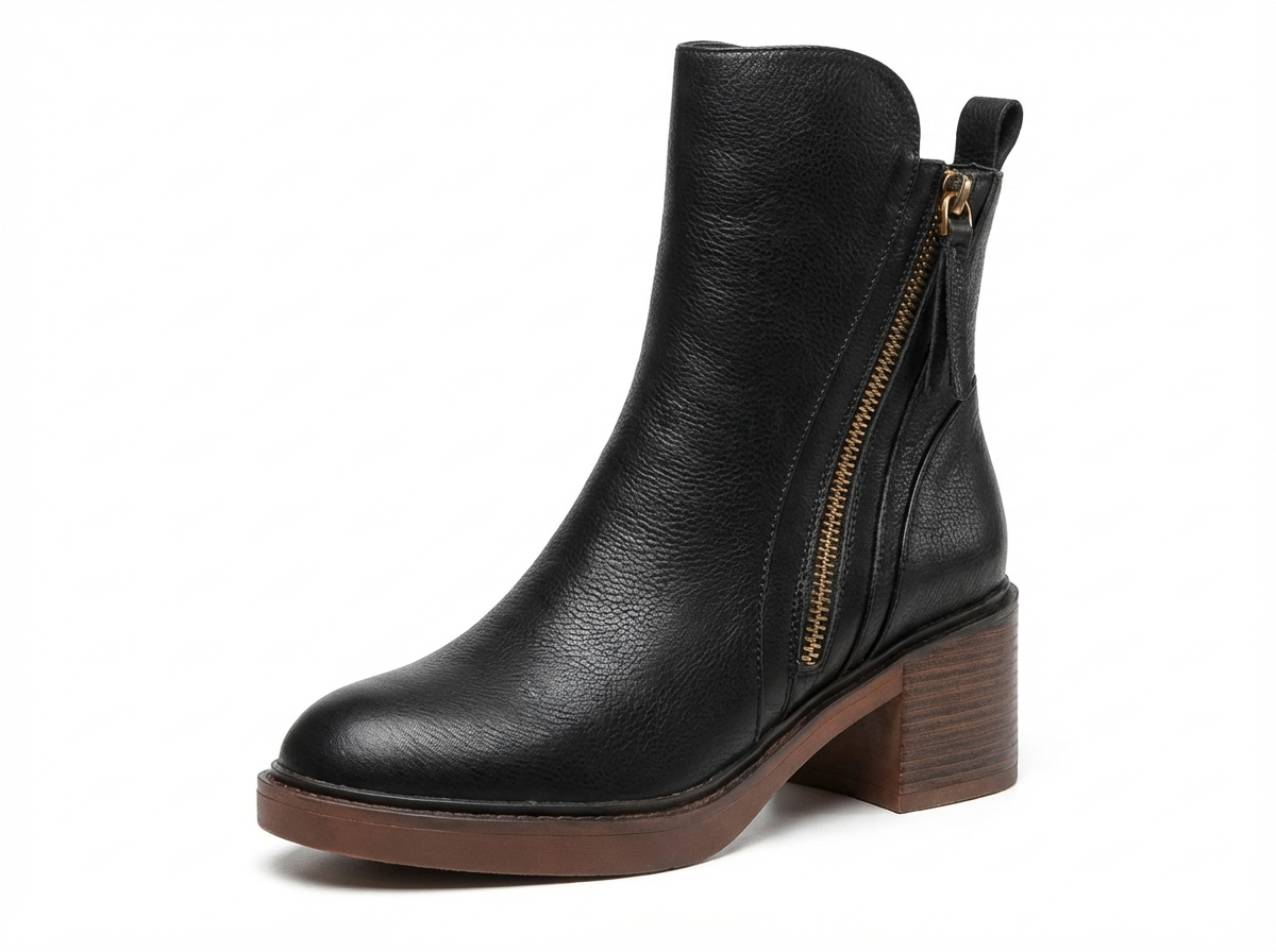 Bottine à talon noir Simili Cuir Femme - Zip doré