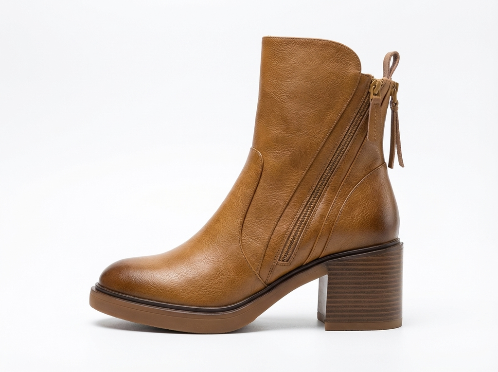 Bottine à talon camel Simili Cuir Femme - Zip latéral