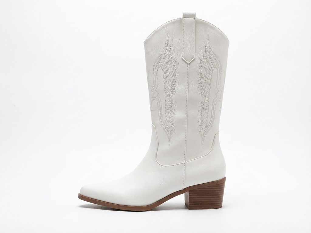 Santiag haute blanc Simili Cuir Femme - Broderies western