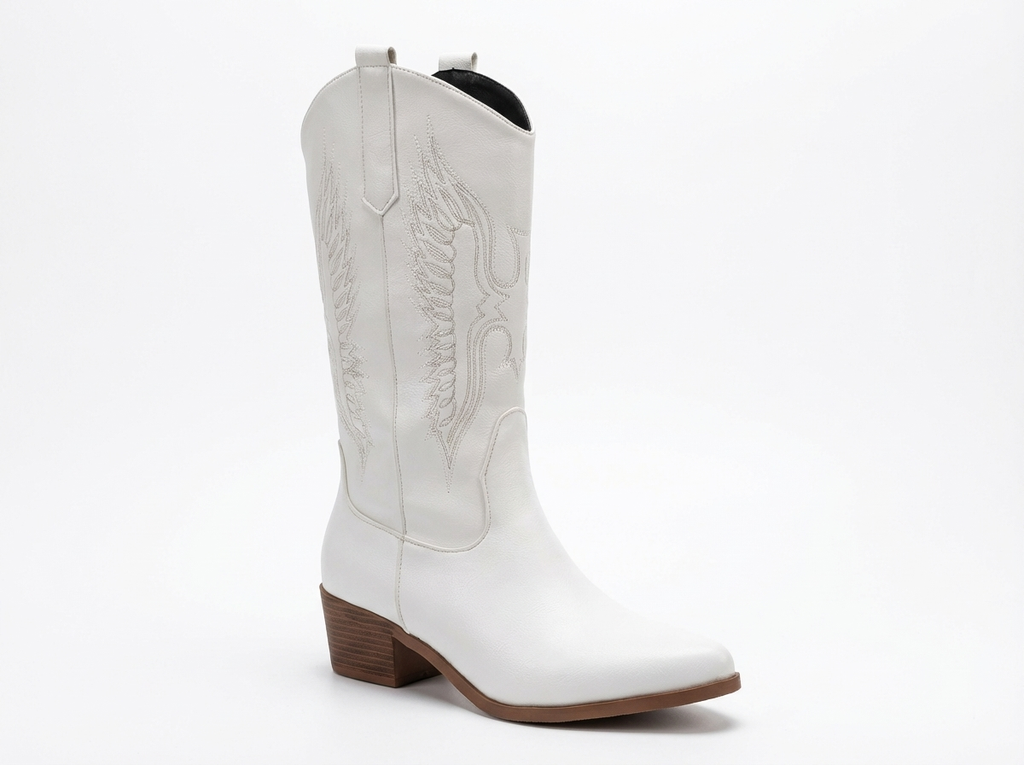 Santiag haute blanc Simili Cuir Femme - Broderies western