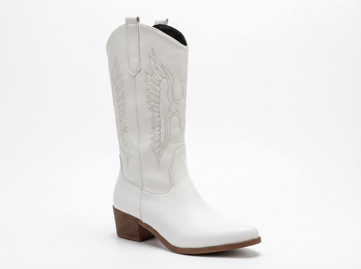 Santiag haute blanc Simili Cuir Femme - Broderies western