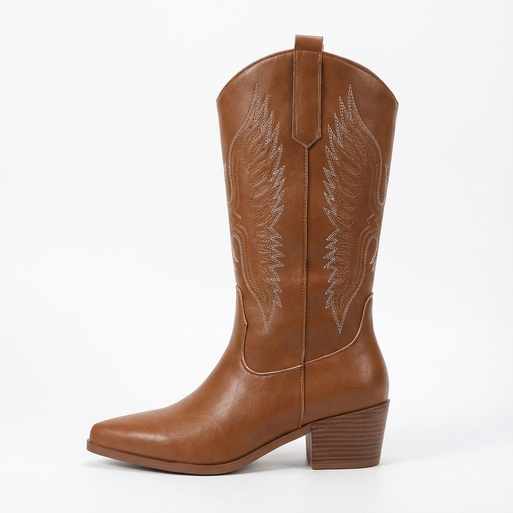 Santiag haute marron Simili Cuir Femme - Broderies, bout pointu