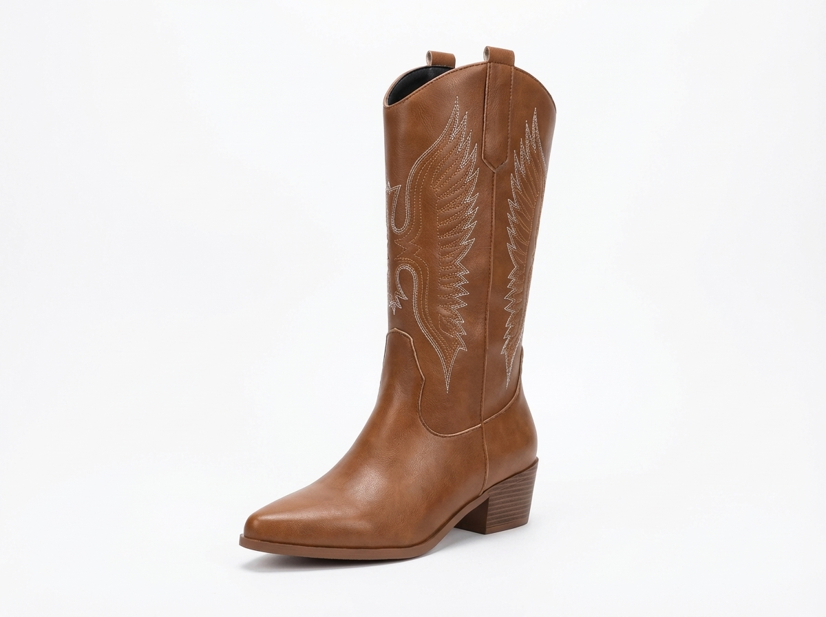 Santiag haute marron Simili Cuir Femme - Broderies, bout pointu