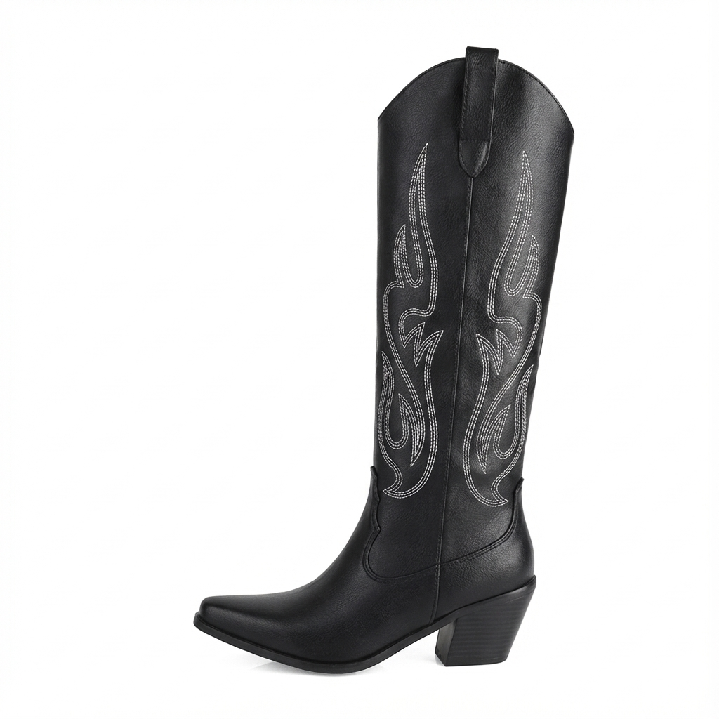 Santiag haute noir Simili Cuir Femme - Broderies géométriques, talon cubain