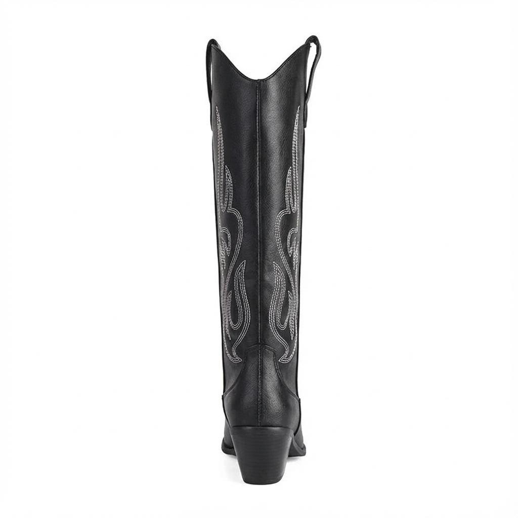 Santiag haute noir Simili Cuir Femme - Broderies géométriques, talon cubain