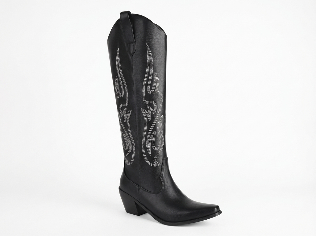 Santiag haute noir Simili Cuir Femme - Broderies géométriques, talon cubain