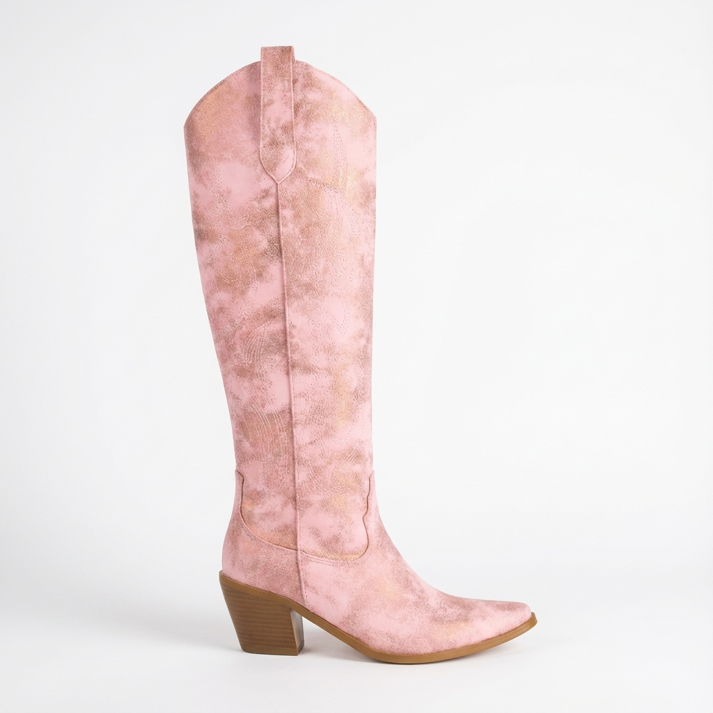 Santiag haute rose Simili Cuir Femme - Bout pointu, motif nuageux