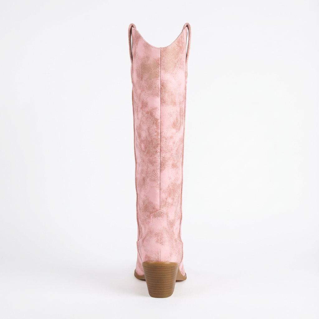 Santiag haute rose Simili Cuir Femme - Bout pointu, motif nuageux