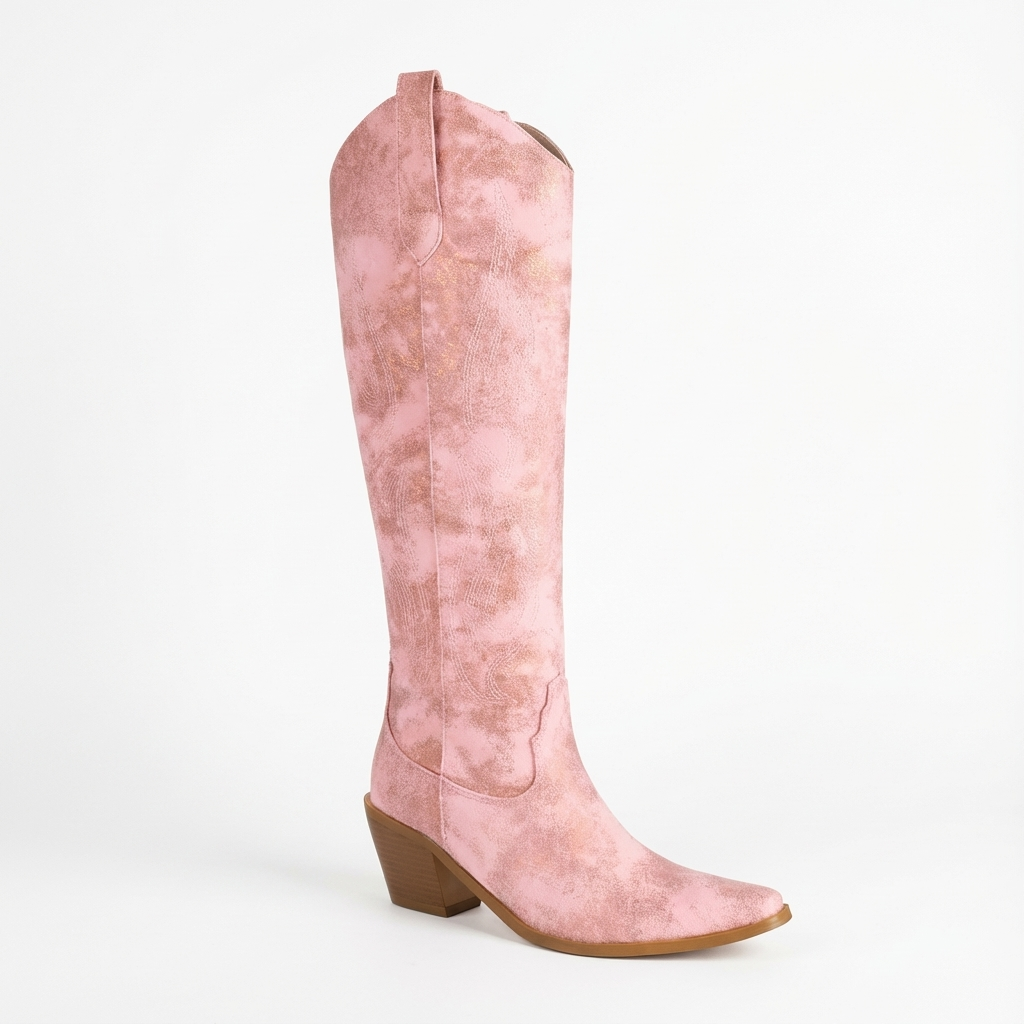 Santiag haute rose Simili Cuir Femme - Bout pointu, motif nuageux