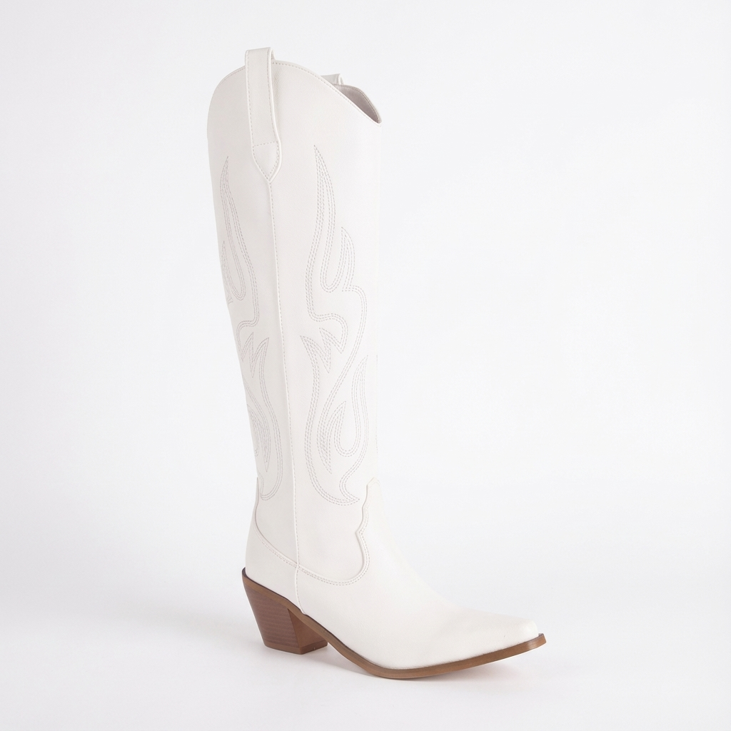 Santiag haute blanc Simili Cuir Femme - Broderies, talon épais