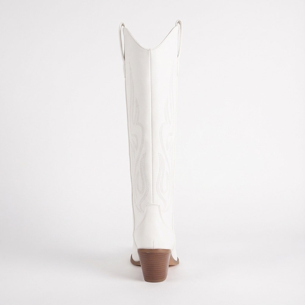 Santiag haute blanc Simili Cuir Femme - Broderies, talon épais