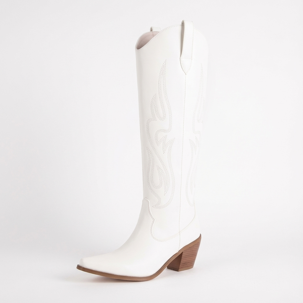 Santiag haute blanc Simili Cuir Femme - Broderies, talon épais
