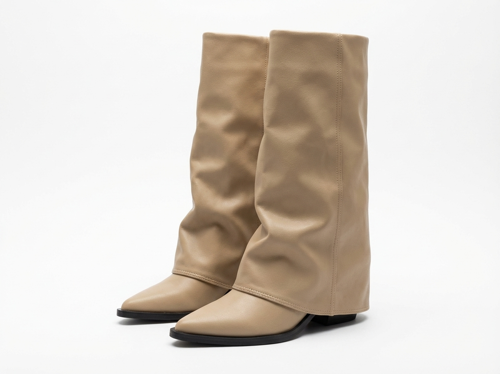Santiag haute beige Simili Cuir Femme - Bout pointu