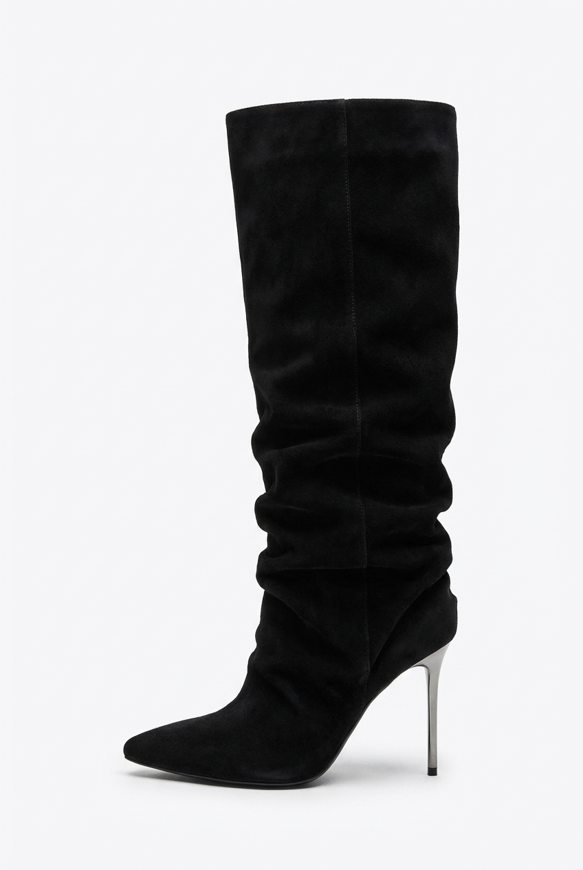 Botte haute noir Daim Femme - Effet plissé, talon fin
