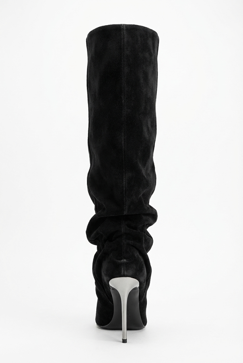 Botte haute noir Daim Femme - Effet plissé, talon fin