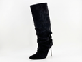 Botte haute noir Daim Femme - Effet plissé, talon fin