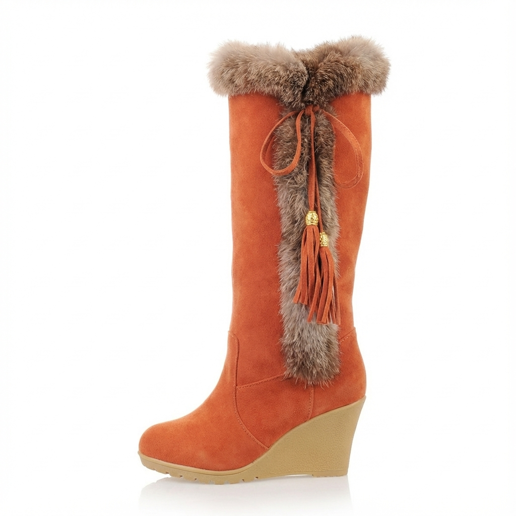 Santiag haute orange Daim Synthétique Femme - Pompons, fourrure