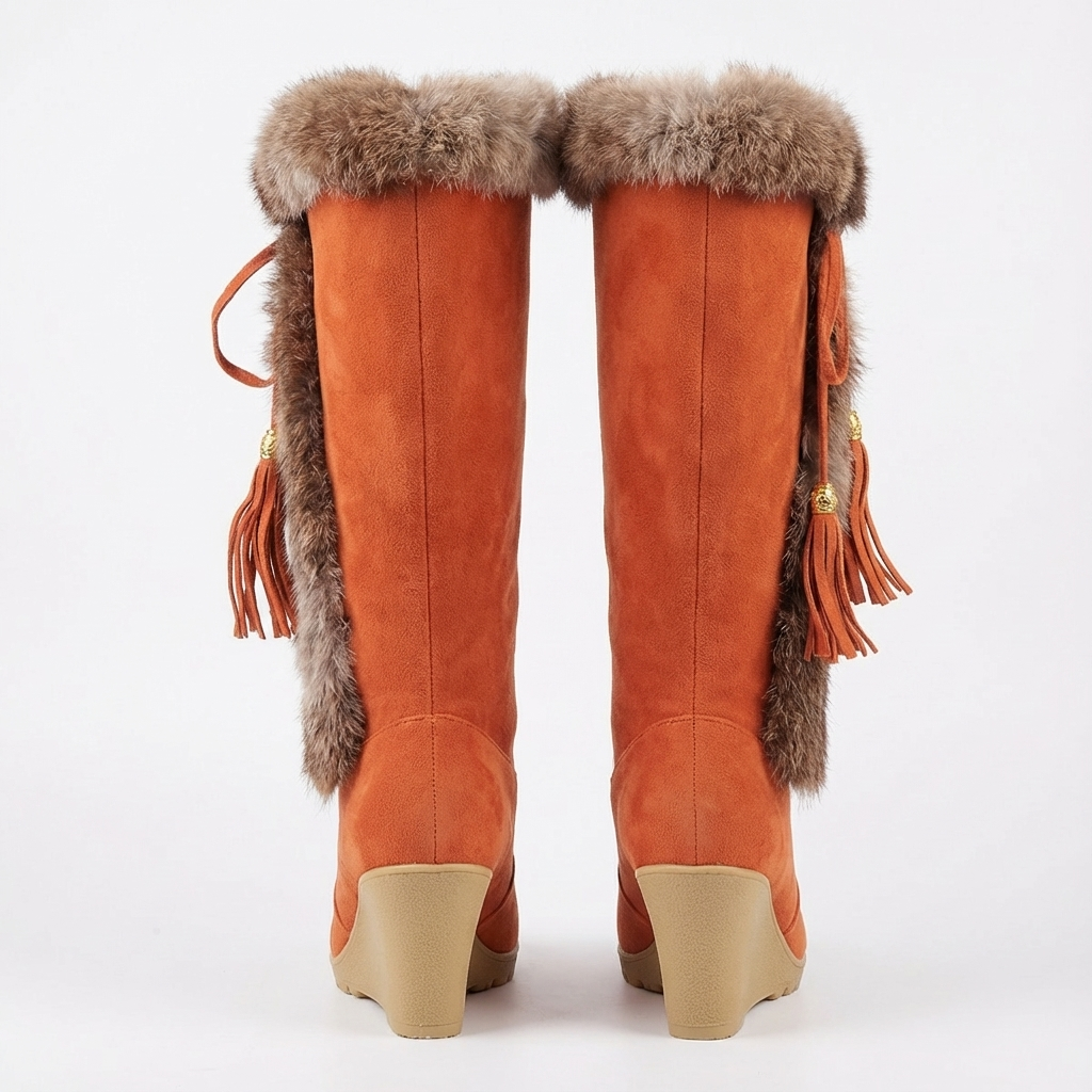 Santiag haute orange Daim Synthétique Femme - Pompons, fourrure