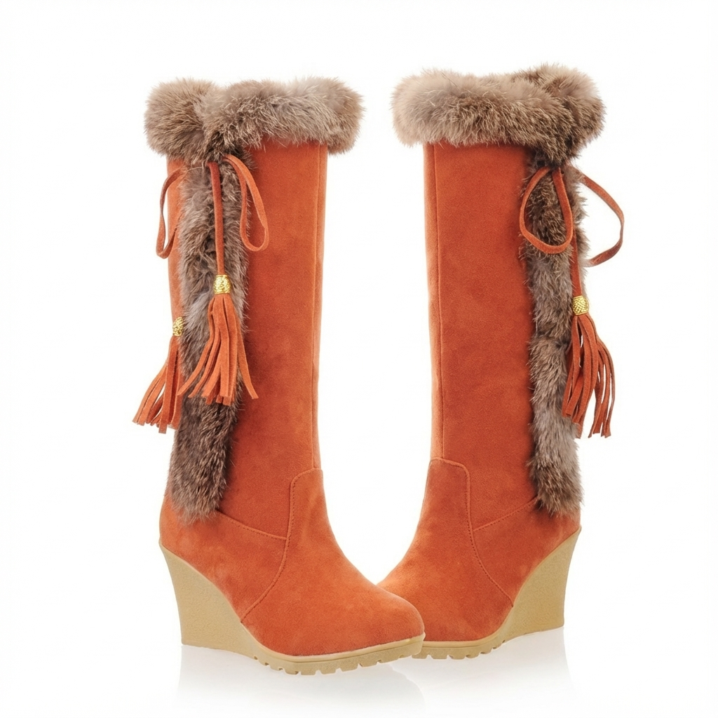 Santiag haute orange Daim Synthétique Femme - Pompons, fourrure
