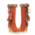 Santiag haute orange Daim Synthétique Femme - Pompons, fourrure
