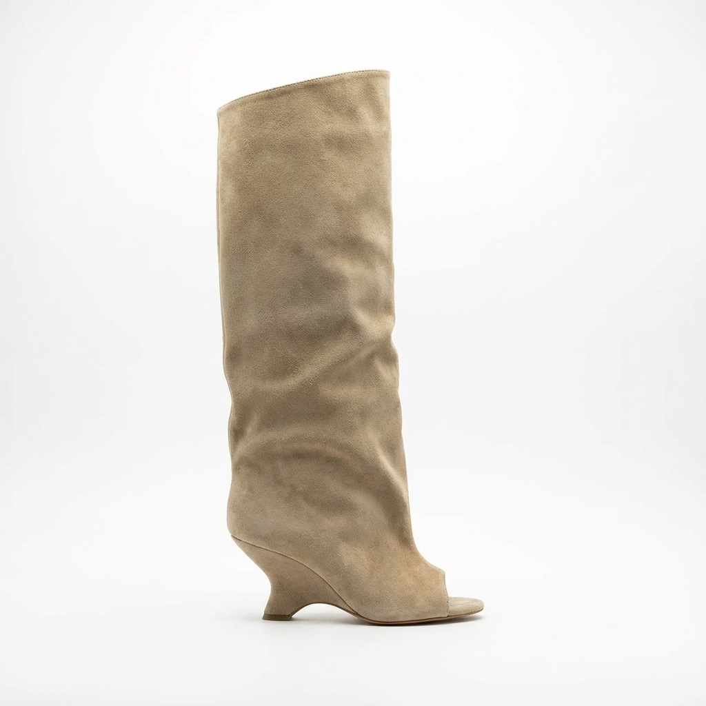 Botte haute beige Daim Femme - Bout ouvert, talon incurvé