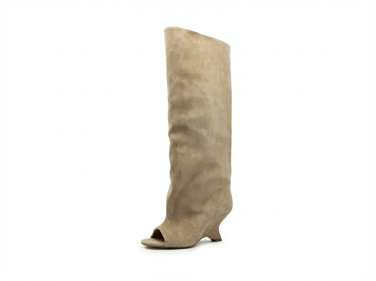 Botte haute beige Daim Femme - Bout ouvert, talon incurvé
