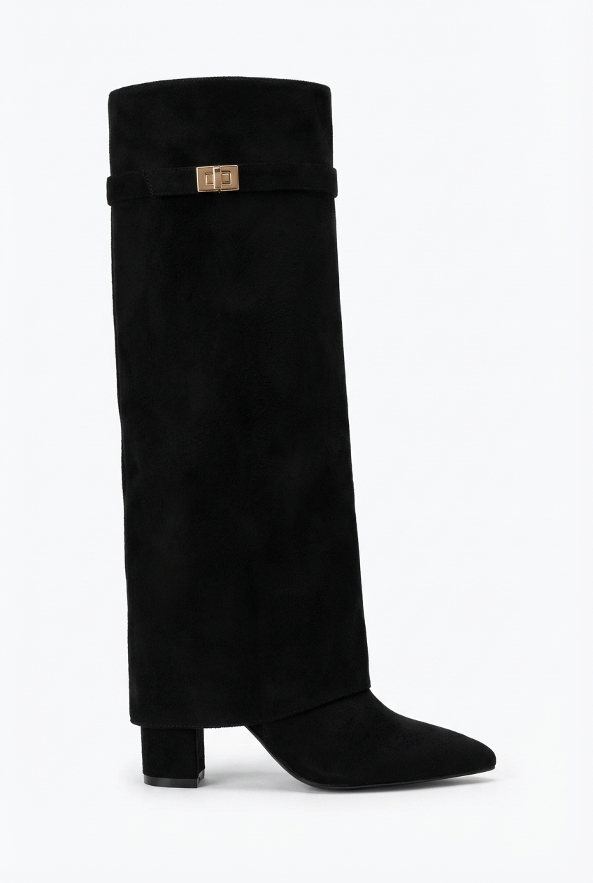 Botte haute noir Daim Synthétique Femme - Bout pointu, sangle dorée