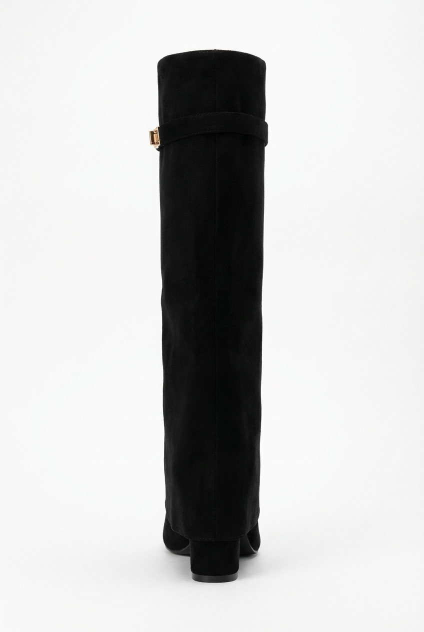 Botte haute noir Daim Synthétique Femme - Bout pointu, sangle dorée