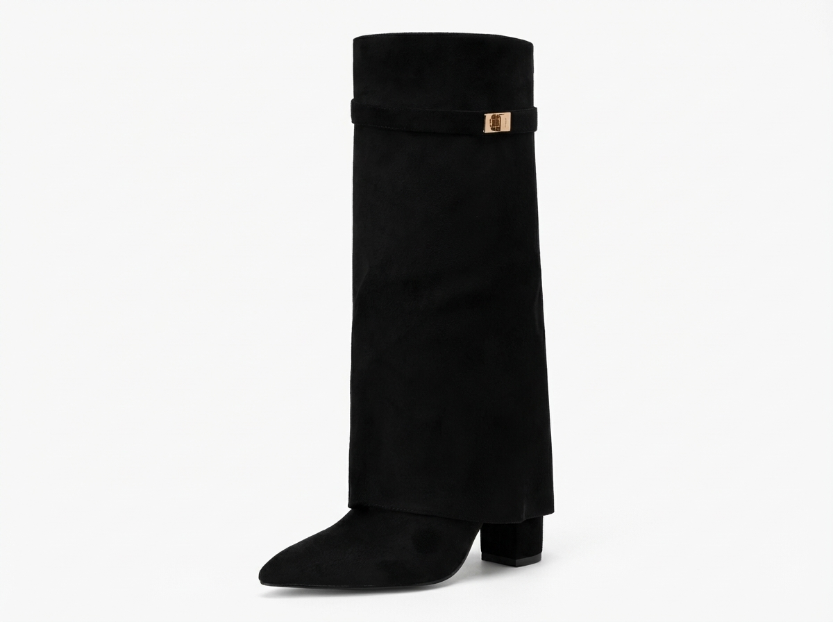 Botte haute noir Daim Synthétique Femme - Bout pointu, sangle dorée