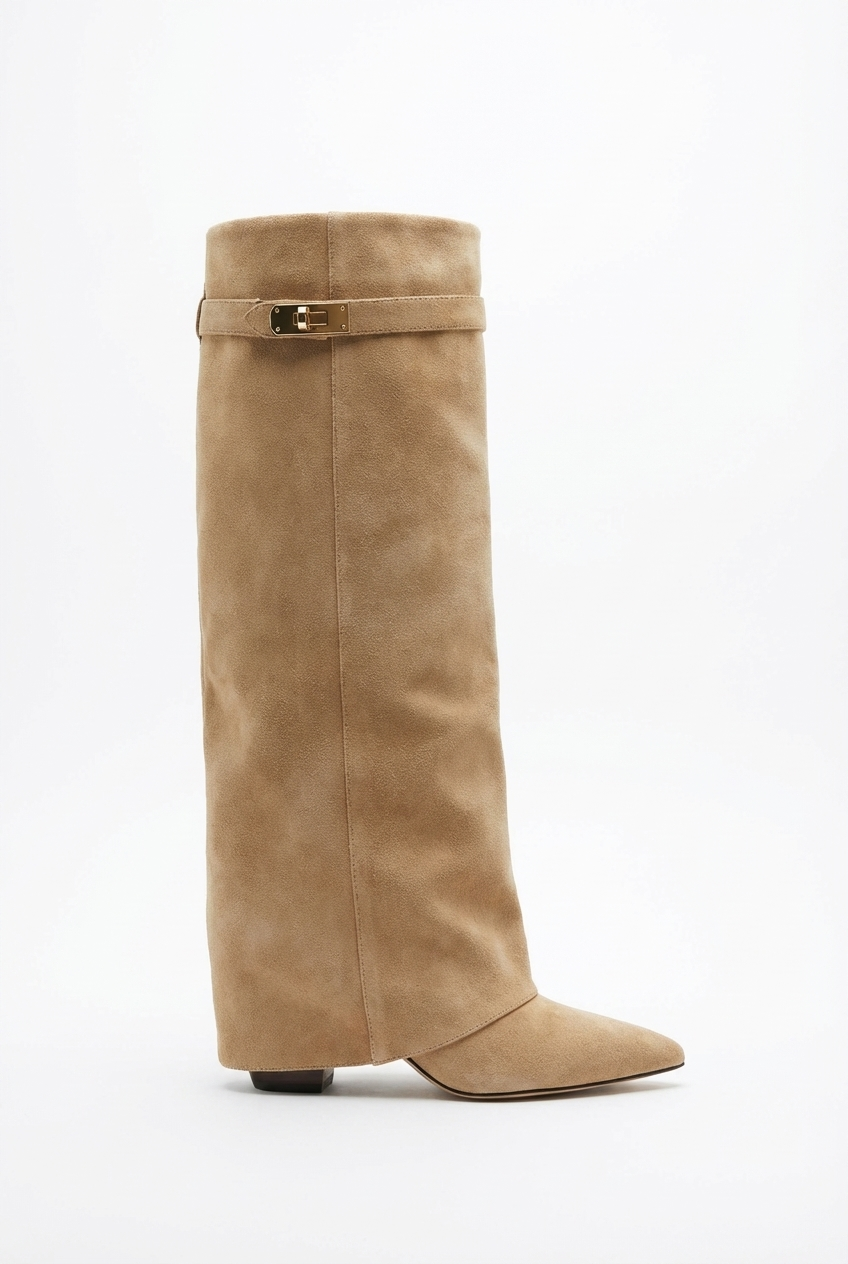 Santiag haute beige Simili Cuir Femme - Boucle dorée