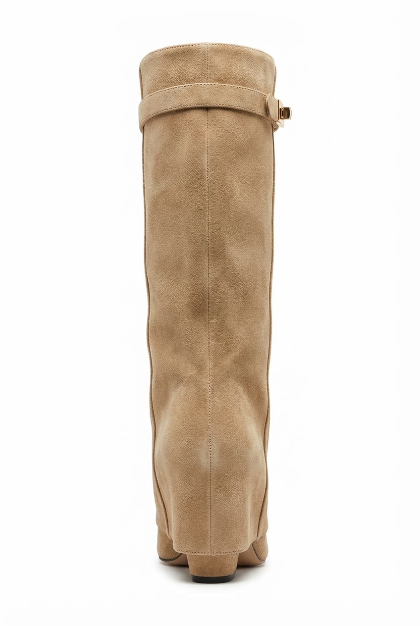 Santiag haute beige Simili Cuir Femme - Boucle dorée