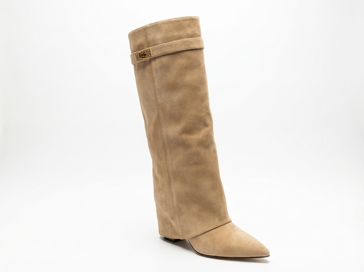 Santiag haute beige Simili Cuir Femme - Boucle dorée