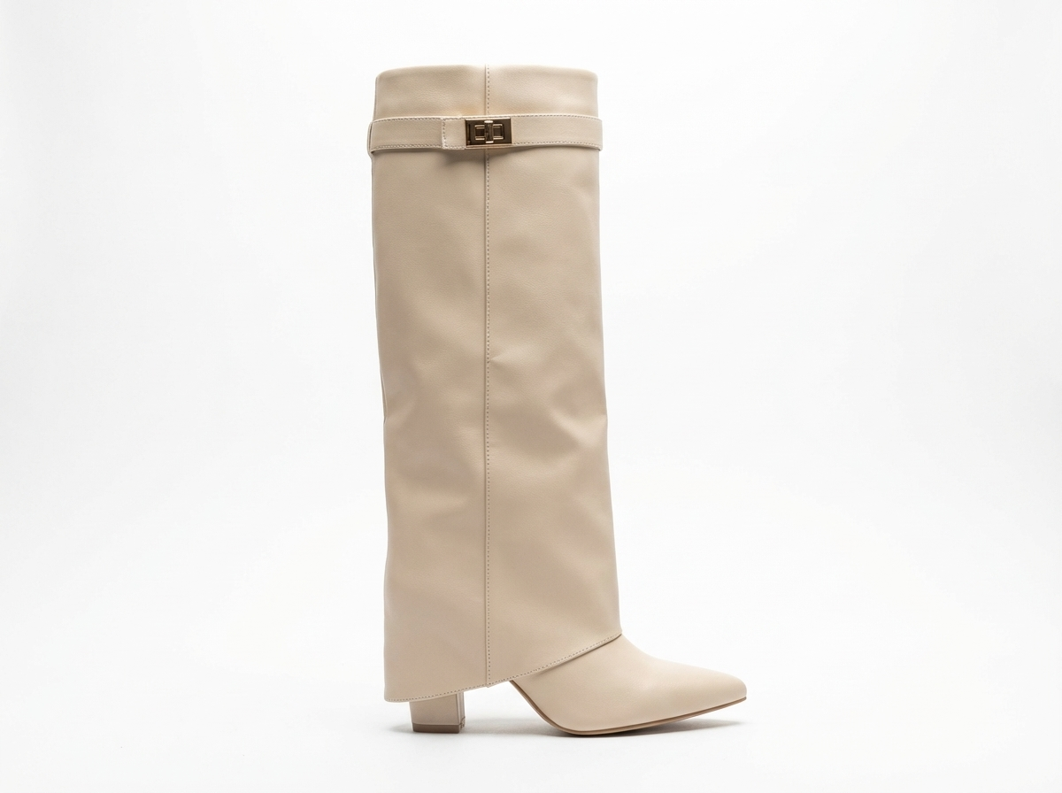 Santiag haute beige Synthétique Femme - Bout pointu, sangle métallique