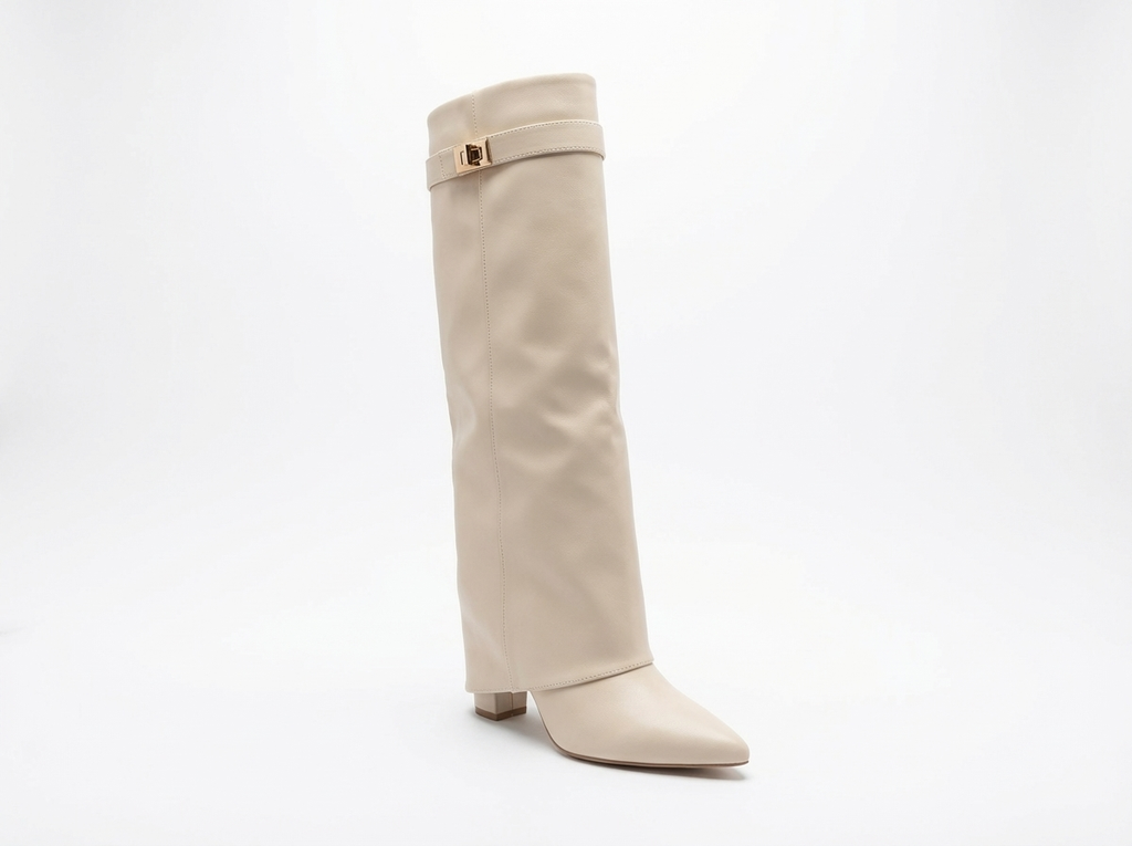 Santiag haute beige Synthétique Femme - Bout pointu, sangle métallique