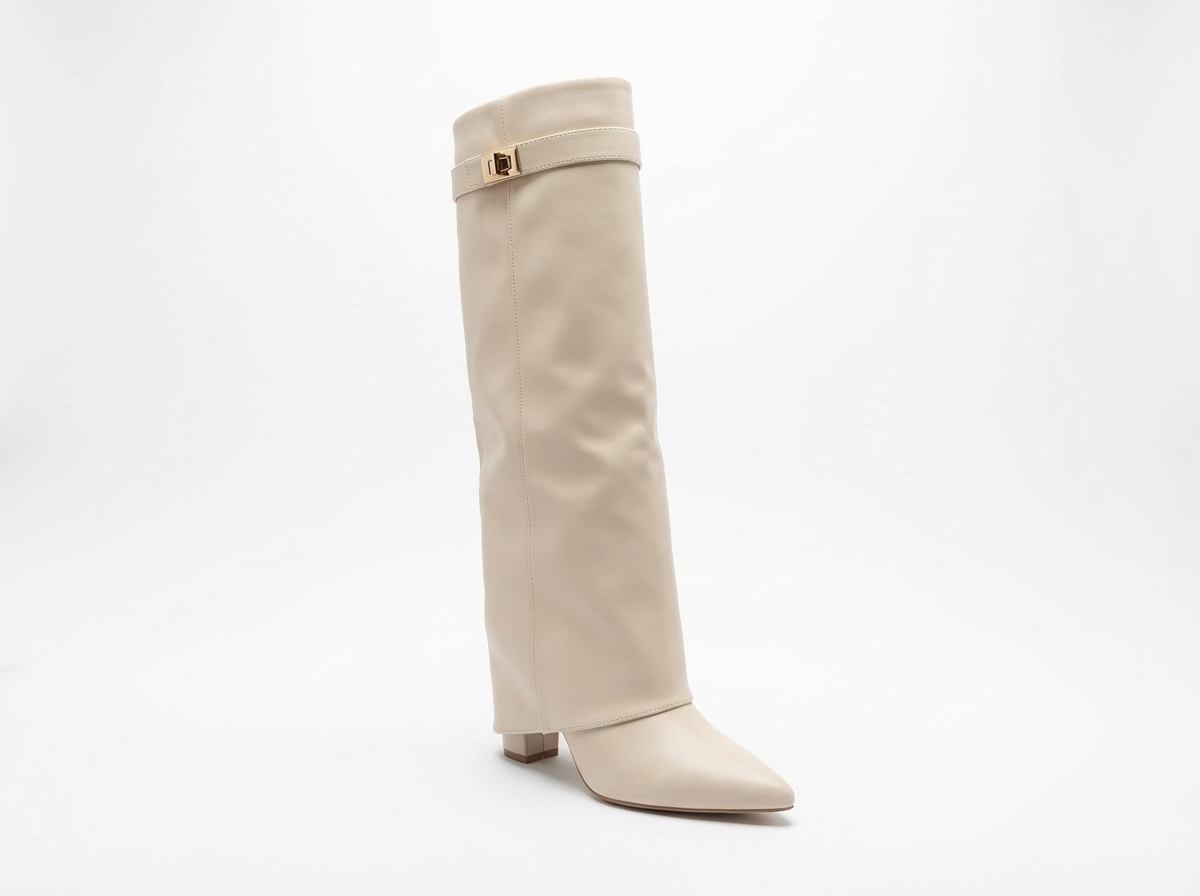 Santiag haute beige Synthétique Femme - Bout pointu, sangle métallique