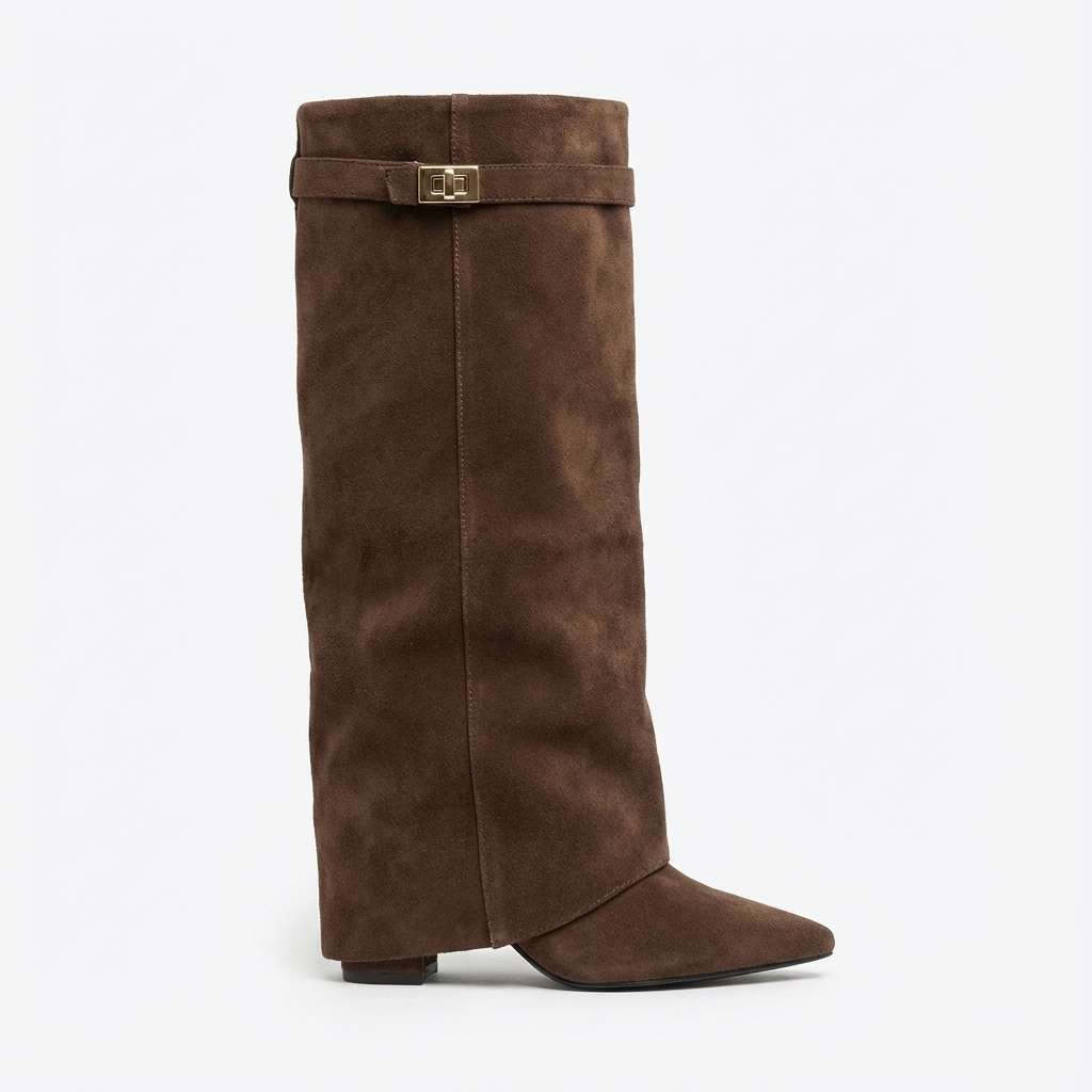 Santiag haute marron Simili Cuir Femme - Sangle dorée