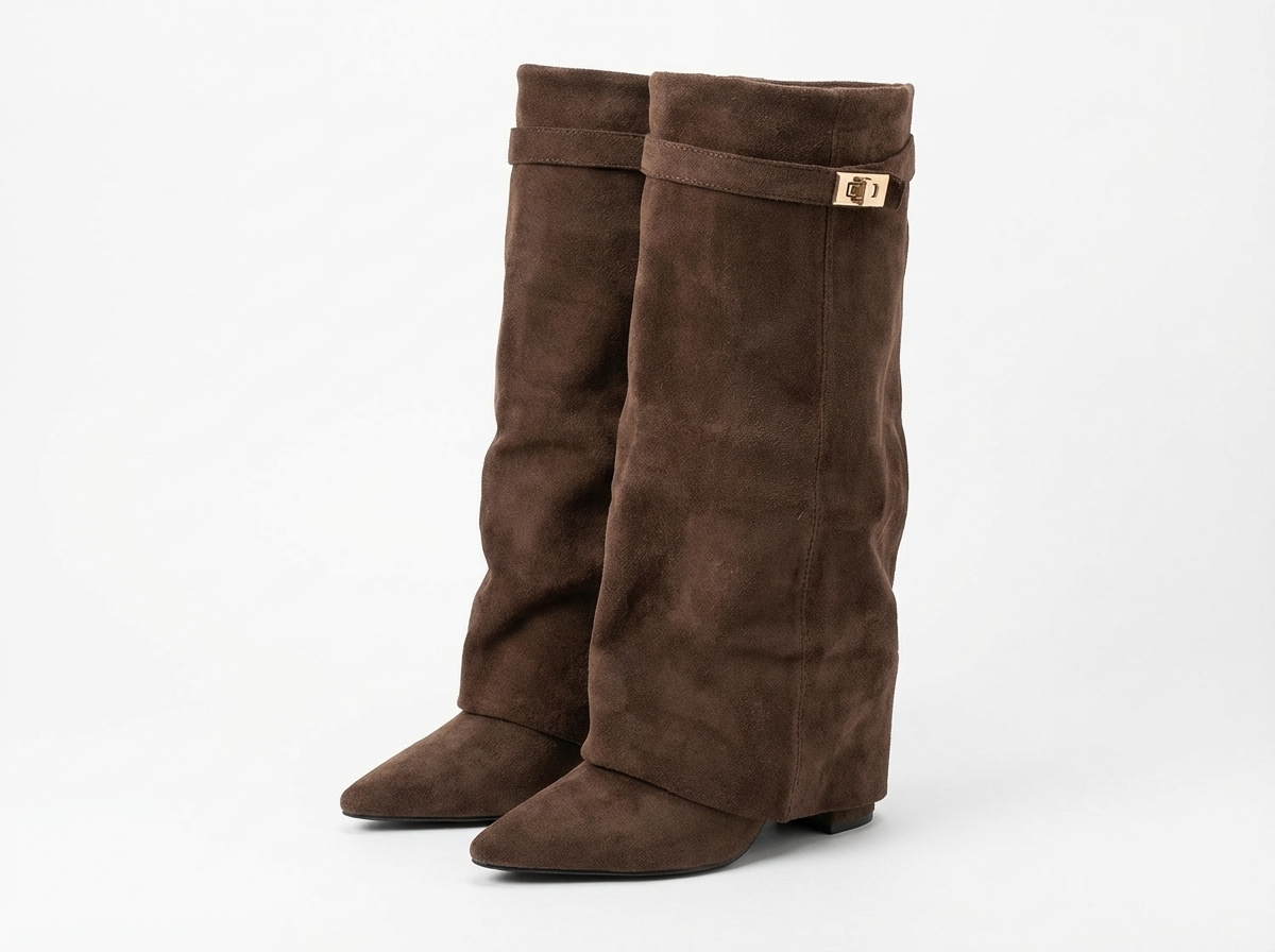 Santiag haute marron Simili Cuir Femme - Sangle dorée