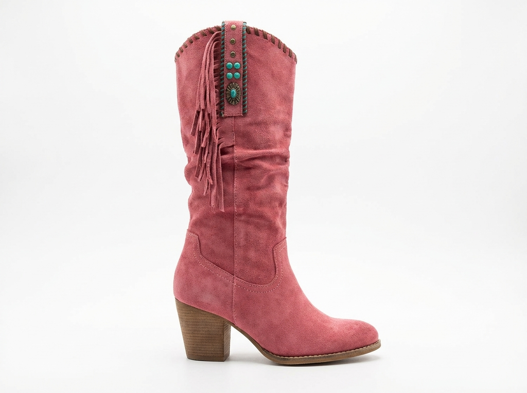 Santiag mi-haute rose Daim Femme - Franges, ornements métal