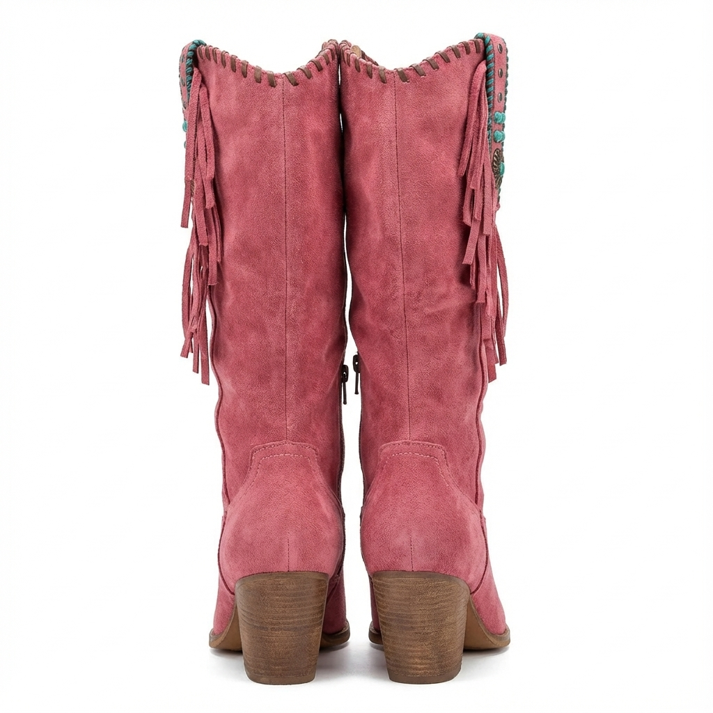 Santiag mi-haute rose Daim Femme - Franges, ornements métal