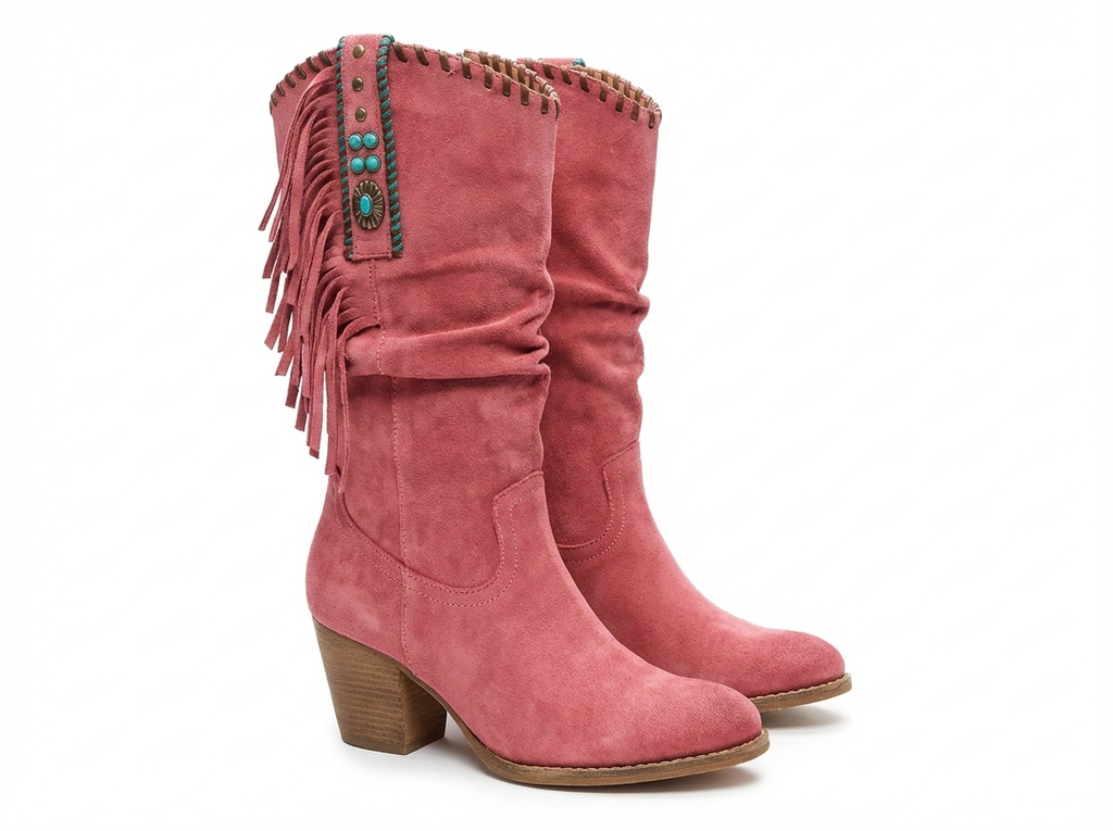 Santiag mi-haute rose Daim Femme - Franges, ornements métal