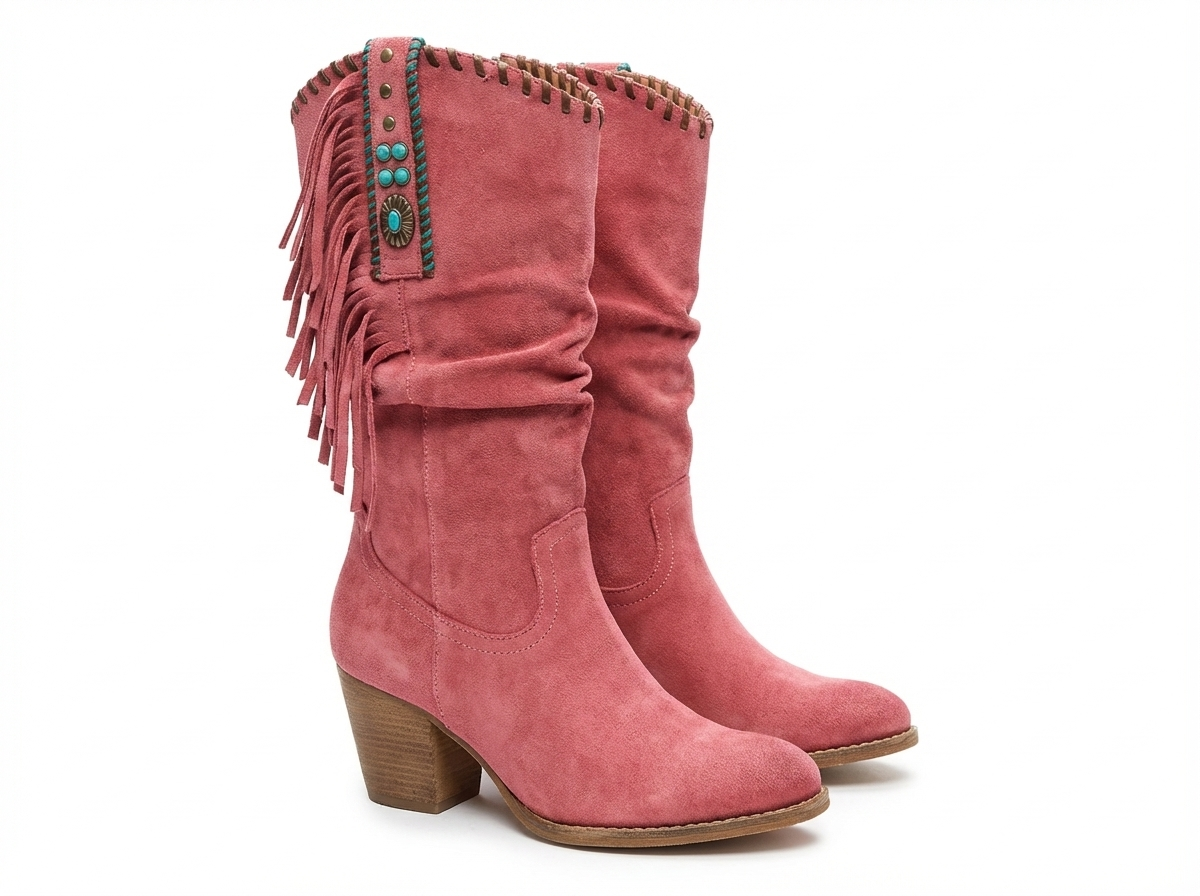 Santiag mi-haute rose Daim Femme - Franges, ornements métal