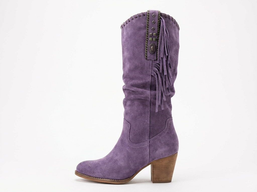 Santiag haute violet Daim Femme - Franges, clous géométriques