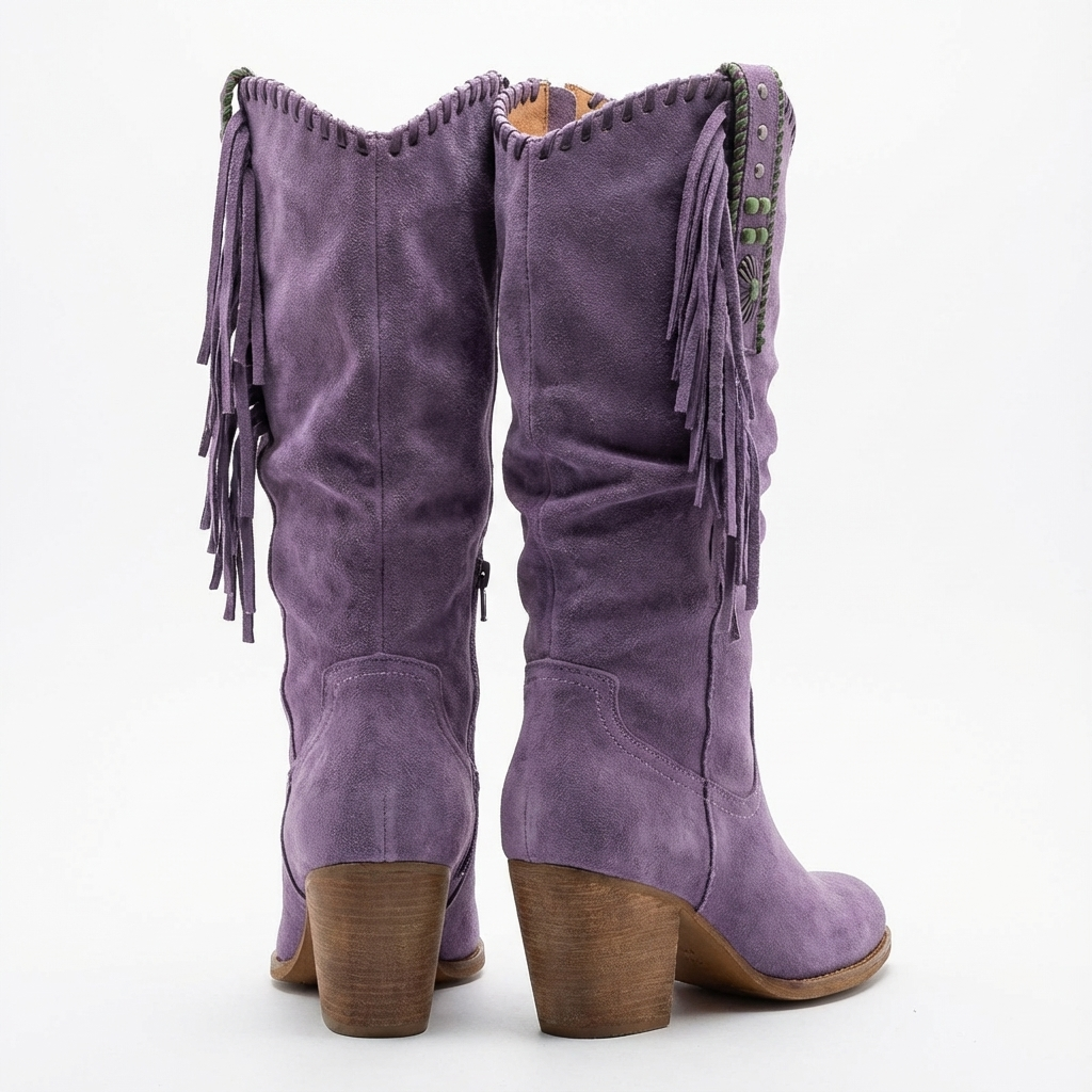 Santiag haute violet Daim Femme - Franges, clous géométriques