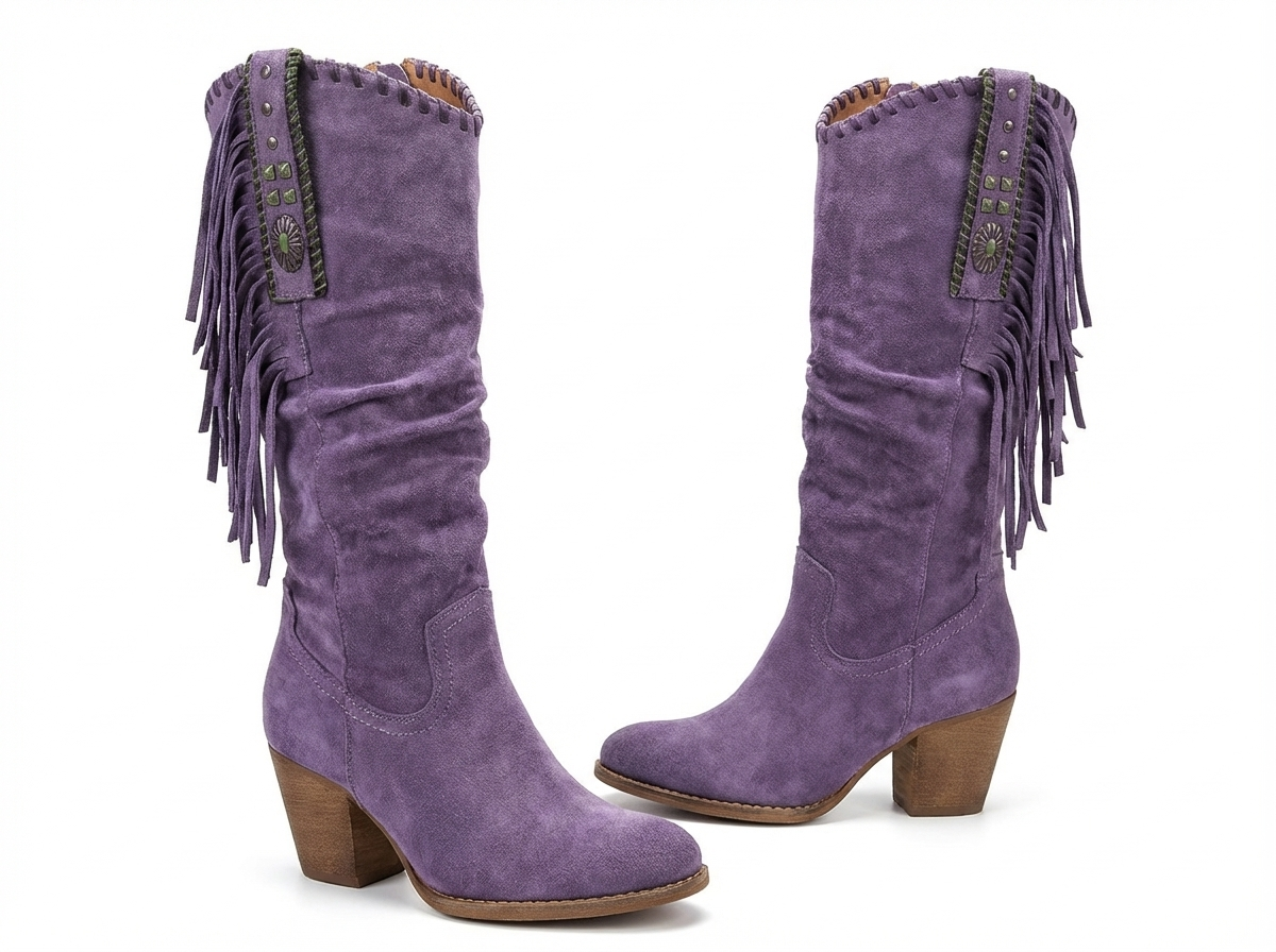 Santiag haute violet Daim Femme - Franges, clous géométriques