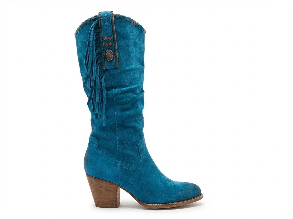 Santiag mi-haute bleu Daim Femme - Franges, clous