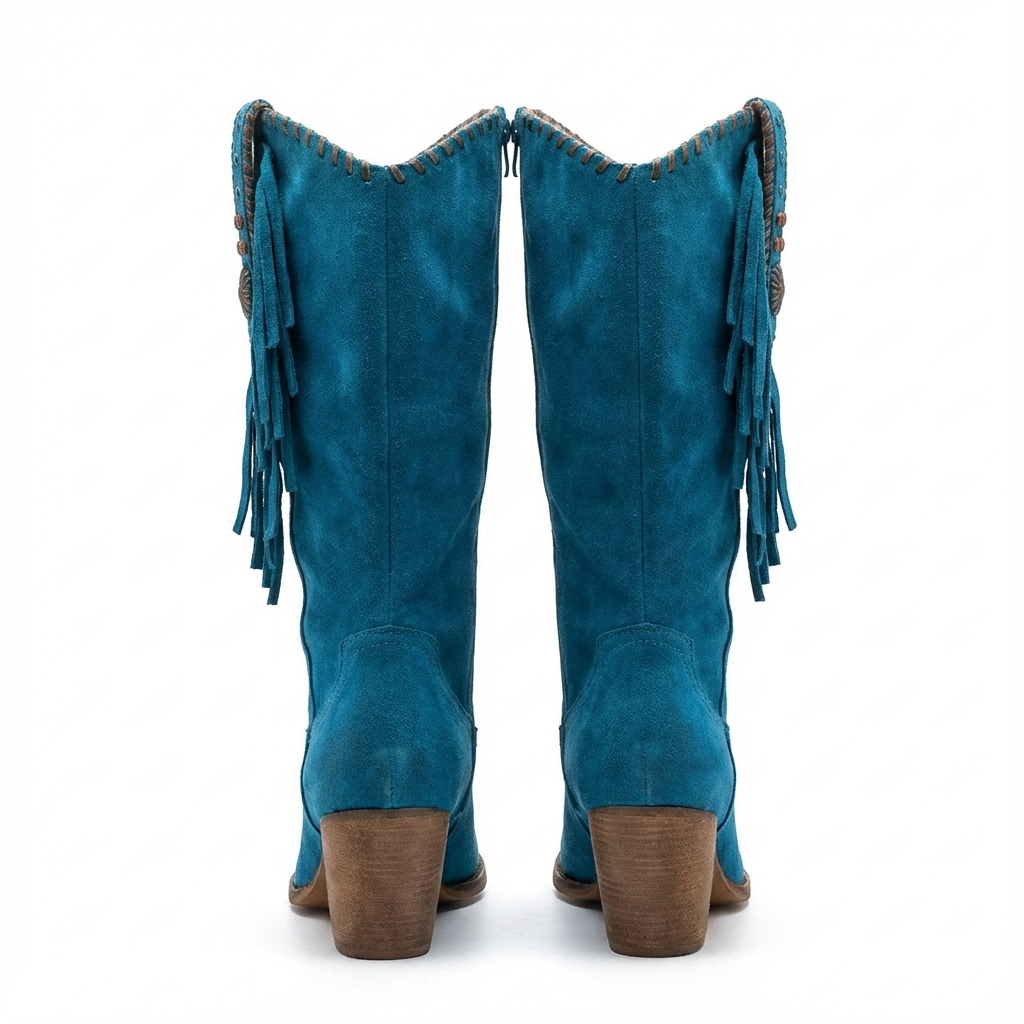 Santiag mi-haute bleu Daim Femme - Franges, clous
