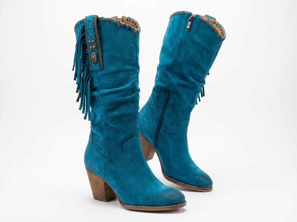 Santiag mi-haute bleu Daim Femme - Franges, clous